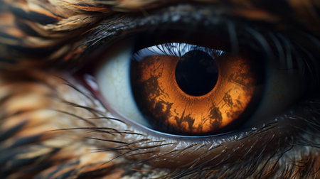an owl's eye with a captivating orange iris is showcased in this stunning image. the use of vray tracing brings out intricate details, while the dramatic atmospheric perspective adds depth. the lifelike avian illustration, rendered in unreal engine, is a testament to its beauty. this image also features detailed science fiction elements, making it truly mesmerizing. ai generatedの素材