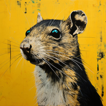 the rat painting is a hyperrealistic mural in the style of environmental portraiture. it features a detailed depiction of a rat with shiny amber eyes, set against a vibrant background of yellow and blue. the dark black and cyan tones add a sense of urban grittiness to the artwork. ai generatedの素材