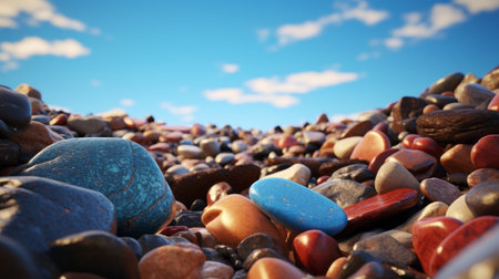 a gravel field with numerous stones under a vibrant blue sky. this rendered image, created in cinema4d, showcases a lively coastal landscape. the composition is found-object-centric and has won a contest. the colors used are light crimson and azure, creating a stunning contrast. the combination of light amber and sky-blue hues adds to the overall beauty of this scene. ai generatedの素材