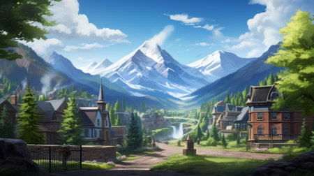 a client. the wallpaper showcases a charming cartoon town nestled amidst majestic mountains, resembling the style of mountainous vistas found in photorealistic paintings. the artwork draws inspiration from whistlerian and northwest school aesthetics, with a touch of plein air influence. this delightful 2d game art commission brings a whimsical and picturesque atmosphere to any desktop. ai generatedの素材