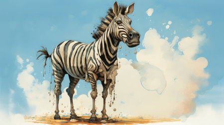 a zebra stands gracefully on the ground against a vibrant blue sky backdrop. the artwork showcases fluid ink washes, intricate character design, and splattered-dripped effects. the muted colorscape adds to the overall mastery of the piece. this creative commons attribution image features inventive character designs and highly detailed realism. ai generatedの素材
