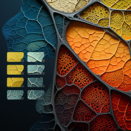 a vibrant and artistic photo showcasing a colorful paper tissue with various hues. the design resembles layered organic forms, reminiscent of erik johansson's style. the tissue is arranged in architectural grids, forming intricate webs and chromatic sculptural slabs. the combination of light yellow and dark gray creates a visually striking contrast. this image can also be associated with data visualization. ai generatedの素材