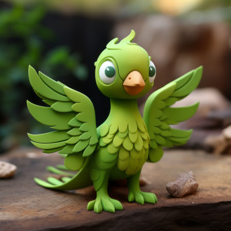 a tiny green bird with wings perched on a platform, showcasing cute cartoonish designs in the style of zbrush. this playful character, with its vibrant colors and intricate details, is captured in 32k uhd resolution. the bird's unique aesthetic combines elements of dinopunk and suburban ennui, resulting in a captivating and whimsical image. ai generatedの素材