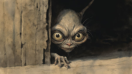 a strange squid peeks out of the door in this detailed illustration, inspired by the whimsical cats and dark, gritty style of goblin academia. the realistic brushwork brings out the blink-and-you-miss-it details, while maintaining a humorous tone. ai generatedの素材