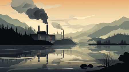 smoke billows from the powerhouse, blending with the clouds above the serene water. this captivating scene, reminiscent of graphic design-inspired illustrations, showcases whistlerian influences and flat illustrations. the chrome reflections add a touch of industrialization to the natural scenery, creating a mesmerizing contrast against the smokey background. ai generatedの素材