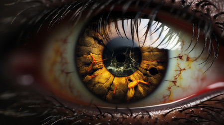 an orange alien eye with a gold ring, featuring realistic and naturalistic textures. this daz3d creation showcases decay and decayed elements, with jagged edges adding to the realistic depiction of the human form. the photorealistic rendering of the eye captures intricate details and mesmerizing colors. ai generatedの素材