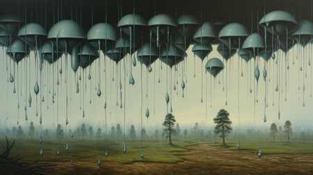 a painting by brian despain featuring rain dripping from a tree. the artwork showcases floating structures and spherical sculptures in a realistic landscape. the color palette predominantly consists of gray and cyan, reminiscent of dutch landscapes. the painting exudes a unique aesthetic, blending elements of mushroomcore with despain's signature style. ai generatedの素材