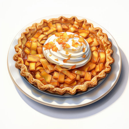 a highly detailed illustration of a pie with bananas, strawberries, and cream on top. the realistic portrayal of light and shadow in amber hues adds depth to the image. the pie is surrounded by applecore, orange, and aquamarine elements, creating a visually appealing composition. this editorial illustration showcases the artistry and skill poured into creating this mouthwatering dessert. ai generatedの素材