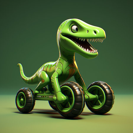 a toy dinosaur with four wheels, designed in the style of oliver wetter, featuring a cartoonish character design by joel robison. this green academia-themed dinosaur showcases vray tracing, bold linework, and is reminiscent of the work of bill gekas. ai generatedの素材