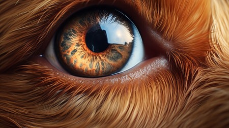 a close-up view of a brown dog's eye, showcasing hyper-realistic animal illustrations in the style of cryengine and life-like avian illustrations from daz3d. the orange hue adds a touch of vibrancy, capturing the essence of nature in this matte photo. ai generatedの素材
