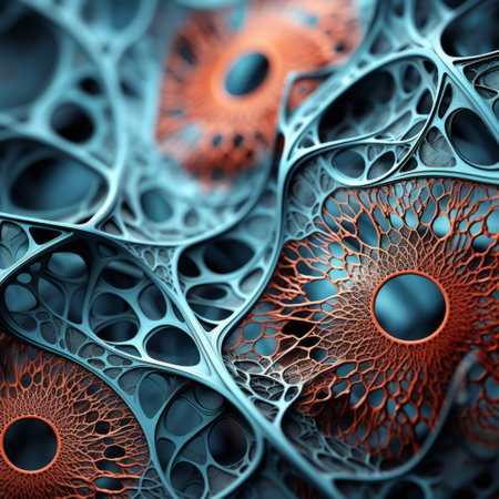 2d graphic design wallpapers featuring intricate webs of biological organisms on a grey background. the style is reminiscent of anaglyph filters, with dark orange and sky-blue hues creating a visually captivating effect. the artwork draws inspiration from the concept of infinity nets and the unique style of naoto hattori. the selective focus highlights the intricately sculpted details of the organisms. ai generatedの素材