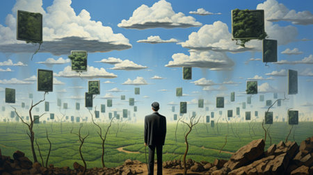 a person stands on a field adorned with objects firmly rooted in the ground, reminiscent of the artistic styles of rob gonsalves, rene magritte, and large-scale paintings. the ethereal cloudscapes and trapped emotions depicted in this precisionist artwork create an atmosphere of orderly symmetry. ai generatedの素材