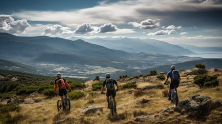 five mountain bikers are seen climbing a large grassy hill, capturing the essence of the zeiss batis 18mm f2.8 lens. the scene showcases romantic landscape vistas, dramatic landscapes, and impressive panoramas. the bikers' presence adds a touch of excitement to the polka dot madness of the terrain. this image perfectly embodies the spirit of traincore and the artistic style of les nabis. ai generatedの素材