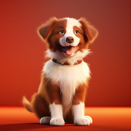 a cartoon dog, in the style of vray tracing, stands up with his tongue sticking out. the dog is light crimson and white in color, resembling a realistic hyper-detailed rendering. the joyful and optimistic character, named dmitri danish, is captured in a terracotta studio portrait. ai generatedの素材