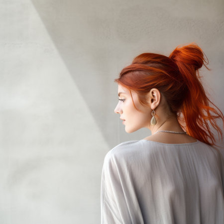 a light orange-haired girl stands against a wall, creating an empty space. the backlit photography captures her effortlessly chic style, with a traditional essence. the image showcases a combination of light silver and light crimson tones, along with hints of light indigo and red. the overall aesthetic can be described as poetcore, with a touch of dark emerald and gray. ai generatedの素材