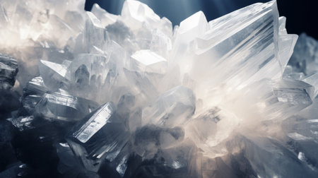 a crystal cluster shines brightly, emitting clear white lights. this hyper-detailed rendering showcases the realistic style, highlighting the intricate materials and dusty piles. the explosive pigmentation adds a touch of vibrancy to the dark white and azure hues. the image combines elements of industrial and product design, with a tilt-shift effect adding depth and visual interest. ai generatedの素材