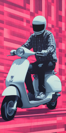 a black scooter for the man, inspired by the style of scott listfield, showcases elements of bay area figurative art. this contemporary portrait painting features a dark pink and white color palette, reminiscent of precisionist art. the composition also incorporates light indigo and red tones, reminiscent of james bullough's work. ai generatedの素材