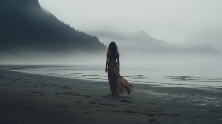 a woman in a brown dress, with her hair hung high, walks along the beach on a foggy day. the photo captures the essence of dark romanticism, with its ethereal landscapes and haunting images. the dark, muted colors and dark reflections add to the overall mood, evoking a sense of trapped emotions. ai generatedの素材