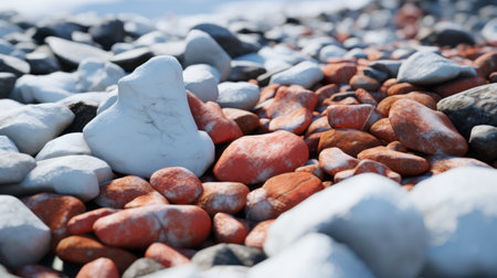 rocks and pebbles scattered along the beach, showcasing the stunning realism of unreal engine 5. the combination of white and crimson hues, along with hints of light indigo and orange, adds a captivating touch. the photorealistic detail brings the snow scenes to life, highlighting the organic textures and smooth surfaces of the rocks and pebbles. ai generatedの素材