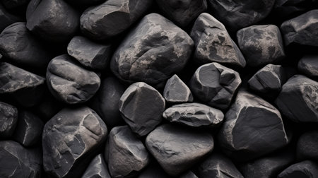 the photo showcases crushed rocks arranged in a dark-themed composition. with its 8k resolution, the monochromatic graphic design highlights the industrial and product design elements. the iso 200 setting enhances the earthcore aesthetic, while bold shadows add depth to the overall image. ai generatedの素材