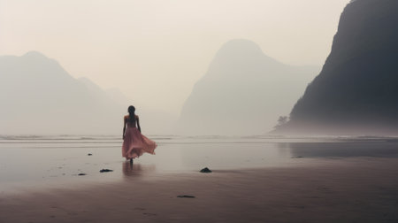a woman gazes at a stunning seashore adorned with ethereal, ghostly figures, surrounded by pink and amber hues. the soft mist adds to the whimsical wilderness of the scene. this captivating 32k uhd photo can be found on flickr, showcasing the mesmerizing gongbi style. ai generatedの素材