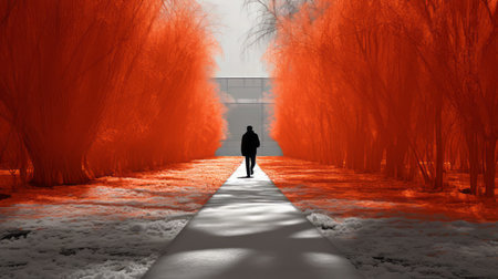 a red light is reflected in the distance along a forest path, reminiscent of the style of artists do ho suh and peter holme iii. the scene is characterized by dark orange and silver tones, creating a dreamscape-like atmosphere. this photograph captures the essence of site-specific works and emotive fields of color, drawing inspiration from the dusseldorf school of photography. ai generatedの素材
