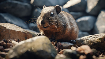 an adorable ground squirrel perches beside a cluster of rocks, showcasing hyper-realistic details and realistic rendering. the scene, reminiscent of unreal engine 5, is bathed in a captivating backlight, enhancing the beauty of this whistlerian-inspired composition. prepare to be amazed by the stunning visuals and the incredible level of detail achieved with rtx technology. ai generatedの素材