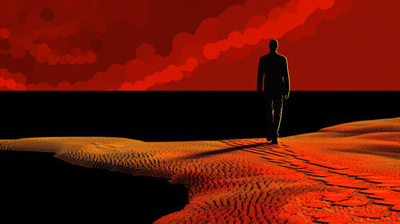 a man stands in the desert, captured in a conceptual digital art painting. the artwork showcases a blend of light red and dark black tones, creating a romantic atmosphere reminiscent of seascapes. the dramatic use of perspective adds depth to the scene, while the pointillist technique and high contrast chiaroscuro create a visually striking effect. the painting is digitally enhanced, adding an extra layer ofの素材