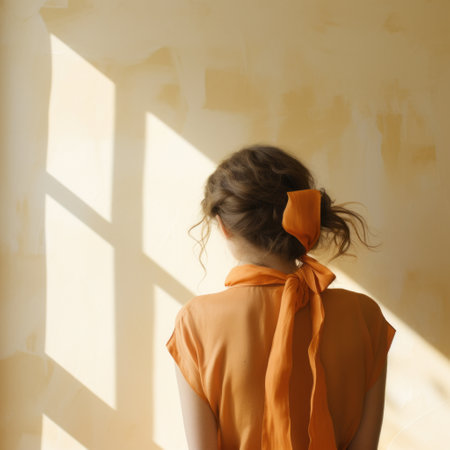 a young woman in an orange dress gazes out of a window, showcasing a minimalist color palette. the photo captures the essence of the rinpa school with its backlighting and salon kei style. the muted tones and minimalist composition add to the overall aesthetic. a light yellow hue and blink-and-you-miss-it details complete the captivating image. ai generatedの素材