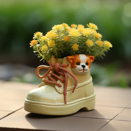 a cute dog is seen wearing boots adorned with yellow flowers, resembling miniature sculptures. the boots are made of imitated material, evoking nostalgic imagery. the color palette consists of light yellow and light orange, creating a visually pleasing combination. the photo showcases the dog's boots as a collectible item, blending natural and man-made elements with its light yellow and dark green surroundings. ai generatedの素材