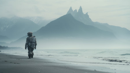a man gazes at the picturesque beach, framed by majestic mountains, in a captivating matte painting style. the scene is enhanced with elaborate spacecrafts, showcasing the futuristic elements of ue5 technology. the dark white and light gray tones create a visually striking contrast, while the image evokes a sense of sensitivity towards the natural world. this movie still incorporates robotic motifs, adding an intriguing touchの素材