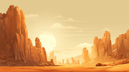 a cartoon desert landscape featuring distant hills is depicted in this artwork. the style of the image is characterized by light beige and light amber tones, reminiscent of adventure pulp illustrations. the soft tonal transitions create a visually pleasing effect, enhanced by the golden light shining upon the scene. the artwork showcases rough hewn surfaces and hyper-detailed elements, providing a captivating visual experience. ai generatedの素材