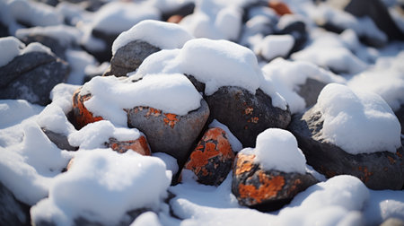 rocks covered in snow with orange dots, captured using the canon ts-e 17mm f4l tilt-shift lens. the image showcases an industrial texture, highlighting the beauty of mundane materials. the contrasting colors of light indigo and dark bronze create a visually striking composition. the glazed surfaces and smooth texture exhibit the exacting precision of the photograph. ai generatedの素材