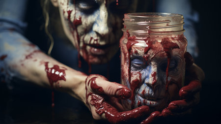 a zombie finger print in a mason jar and hands, showcasing intricate body-painting. the dark red and light indigo colors add a haunting touch. captured using a sony fe 12-24mm f2.8 gm lens, this photo highlights the detailed costumes and the expertise of the object portraiture specialist. the wet-on-wet blending technique enhances the overall eerie atmosphere. ai generatedの素材