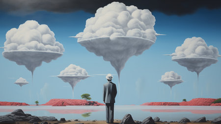 a man with glasses stands near his home on a quiet day, surrounded by ethereal cloudscapes and monochrome landscapes. the scene resembles a fictional landscape in the style of nuclear art, reminiscent of the works of bob eggleton and james bullough. the surreal theatrics of the setting create a captivating and otherworldly atmosphere. ai generatedの素材