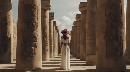 a woman stands under pillars, gazing at an ancient egyptian structure. the scene exudes timeless elegance, captured by photographers inna mosina and duy huynh. the photo, shot on fujifilm natura 1600, showcases the woman's elegant clothing against the backdrop of the majestic architecture. ai generatedの素材