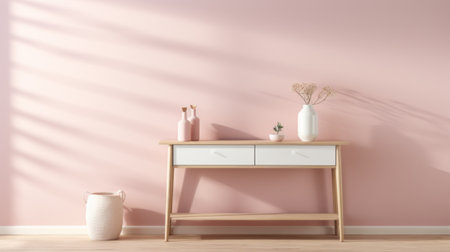 a pink wall 3d render featuring furniture, a floor table, and a vase. the photo showcases a pink plant in a style that emphasizes eco-friendly craftsmanship. the color palette includes beige and monochromatic hues, with a touch of wood for a contemporary candy-coated look. ai generatedの素材