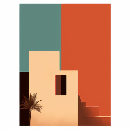 the "el evo tropical art print" is a 12x12 inch print featuring vibrant colors of orange, green, yellow, and black. inspired by classical architecture, this print showcases a combination of light maroon and sky-blue tones with contrasting shadows. with its minimalistic and asymmetrical shapes, it captures the essence of orientalist and poster-like landscapes. ai generatedの素材