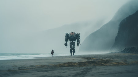 a robot stands on a misty beach, accompanied by a person walking beside it. the scene is reminiscent of a matte painting, with a frostpunk-inspired atmosphere. captured with a sony alpha a7 iii on 70mm, this image combines elements of the northwest school art style and mecha anime. ai generatedの素材