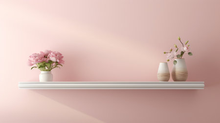 three empty vases, including a pink one, are showcased in this 3d rendering. the vases are accompanied by beautiful bunches of flowers, creating a visually appealing composition. the image features a minimalist background, with subtle chromatism and a romantic touch. the colors of light orange and pink add to the overall aesthetic of this uhd image. ai generatedの素材