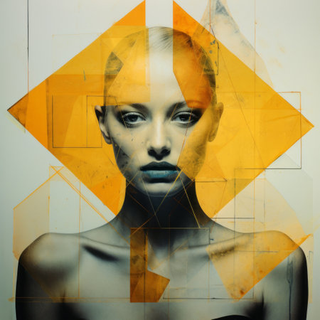 abstract geometric photography: this modern style of photography showcases bold mixed media portraits with a focus on geometric shapes. the vibrant colors of yellow and amber add a feminine touch to the portraits. inspired by the dusseldorf school of photography, these uhd images feature photorealistic compositions and seamless integration of the human form as a canvas. ai generatedの素材