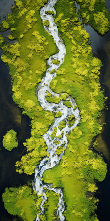 aerial view of a river on a lake, showcasing vibrant plant life. the photo features playful streamlined forms in light yellow and green hues. captured with a canon eos 5d mark iv, this precisionist art piece exhibits bold contrast and textural play. with its high resolution, this national geographic photo immerses viewers in the beauty of nature. ai generatedの素材