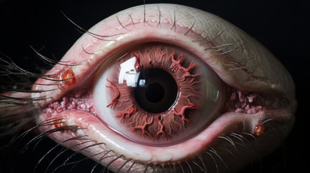 a black and white photograph capturing the intricate details of a human eye, reminiscent of the artistic style of mike dargas. the image showcases the surrealistic installations of filthy sculptures, with a play of light in shades of crimson and pink. the realistic depiction of the eye's anatomy and the inclusion of microscopic views add depth to this captivating composition. ai generatedの素材