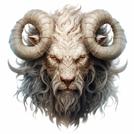 a white ram head with horns, depicted in a realistic fantasy artwork style, showcases strong facial expression and intricate details. this manticore-inspired portrayal merges elements of norwegian nature, biblical iconography, and layered portraits. the artwork captures the essence of the ram's strength and beauty in a highly detailed and realistic manner. ai generatedの素材
