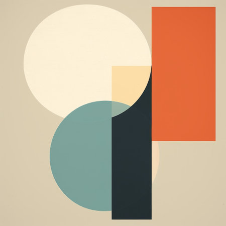 geometric shapes in a modern style create a vibrant composition in this abstract graphic poster. the design features minimalist forms and a balanced arrangement of circular shapes. with a muted palette of light cyan and dark amber, this referential painting showcases the beauty of geometric balance in contemporary art. ai generatedの素材