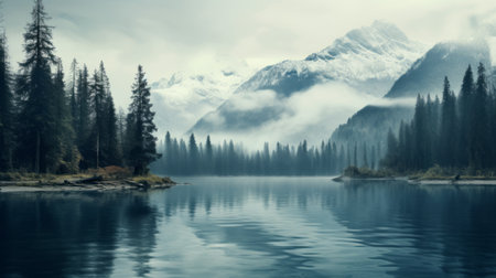 a serene lake is enveloped by fog and surrounded by trees, creating a picturesque scene reminiscent of romanticized wilderness. the image showcases a tender depiction of nature, with its teal and gray hues adding to its whistlerian aesthetic. this high-definition photo captures the beauty of the landscape, evoking a sense of tranquility and mystery. it could easily be featured in national geographic or used asの素材