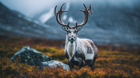 a deer stands gracefully next to rugged rocks in the majestic mountains, capturing the essence of caras ionut's artistic style. the norwegian nature serves as a breathtaking backdrop, while david nordahl's influence is evident in the blurred imagery. the dark white and teal tones create a captivating atmosphere, accentuating the deer's strong facial expression. this composition beautifully combines elements of baroque animals with the serenityの素材