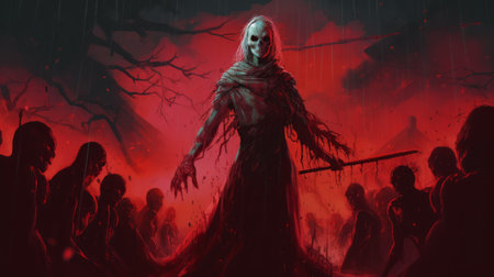 a zombie, in the style of digital painting, stands before a group of people and a burning skull. the artwork features a dark red color palette and showcases heavy use of palette knives. this ravencore piece was commissioned and is made up of vines, creating haunting landscapes. ai generatedの素材