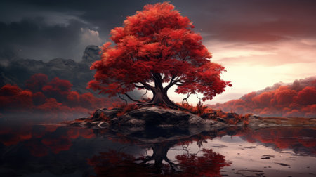 a red tree is reflected in the water, creating a stunning scene reminiscent of realistic fantasy artwork. the dark orange and light black hues add depth to the richly detailed backgrounds. this matte painting showcases high levels of detail, with nature-inspired forms that captivate the viewer. ai generatedの素材