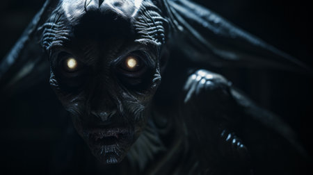 the alien, with wide-open eyes, stands in the darkness, rendered in the style of unreal engine. the close-up shots capture its grotesque beauty. this scene, reminiscent of jan matejko's art, showcases the primitive yet captivating nature of the alien. powered by an intel core processor, the image is captured using an m42 mount. ai generatedの素材